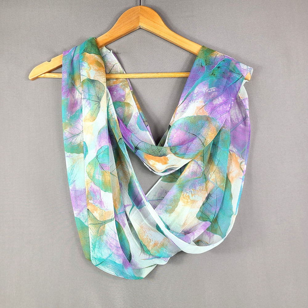Purple Green Leaf Infinity Scarf Whimsical Lightweight Sheer Fairy Ethereal